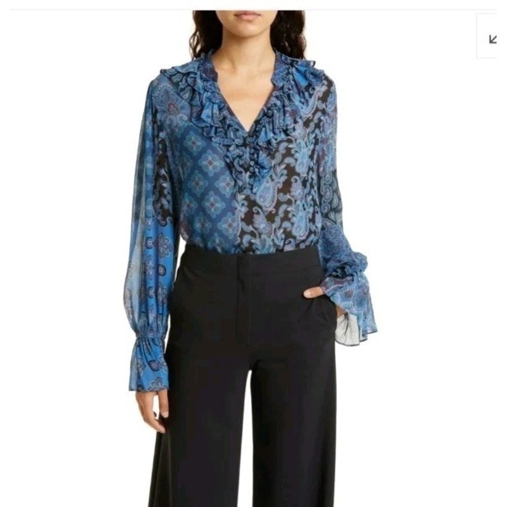Kobi Halperin Winnie Ruffle Collar Blouse‎ Paisley Indigo Blue Chiffon $398